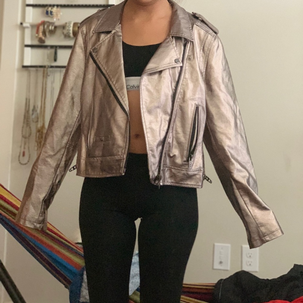 Blank NYC Womens Metallic Faux Leather Moto Coat